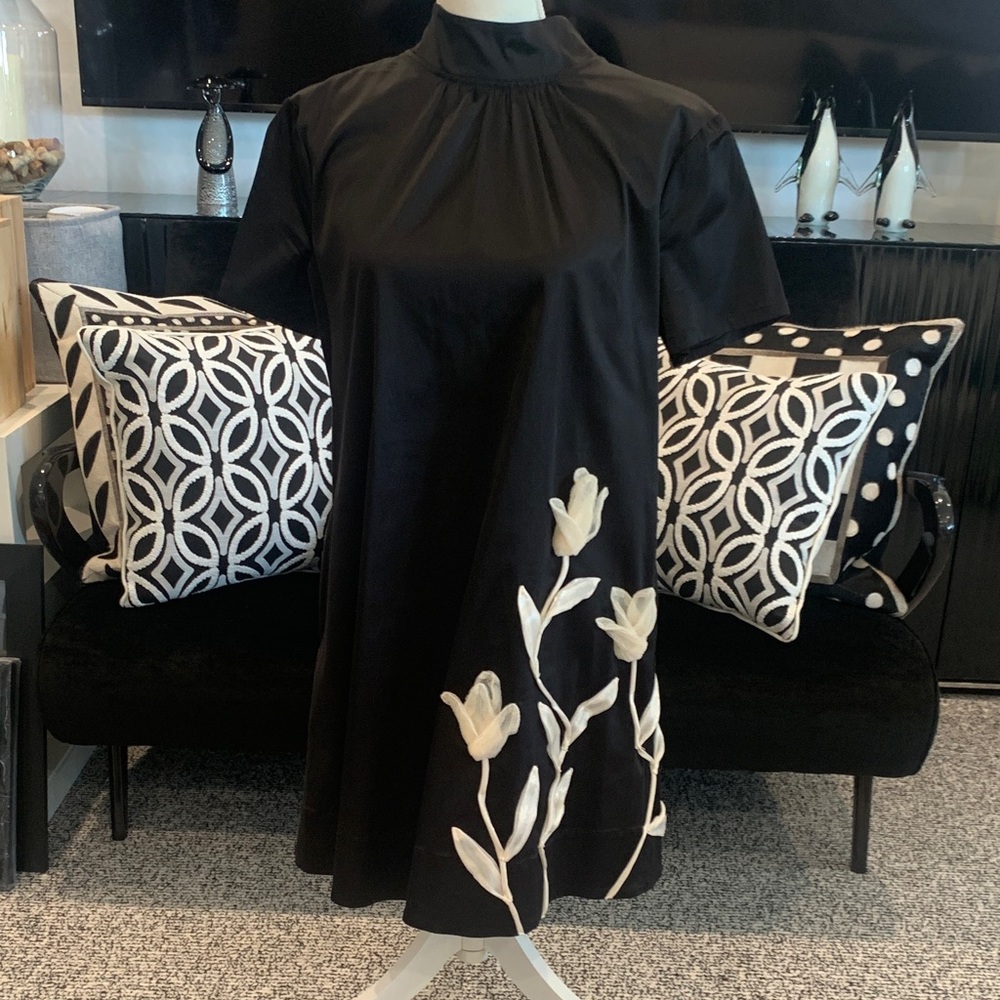 STAUD Black A-Line Dress with Cream Floral Appliqué.  Large.    GORGEOUS!